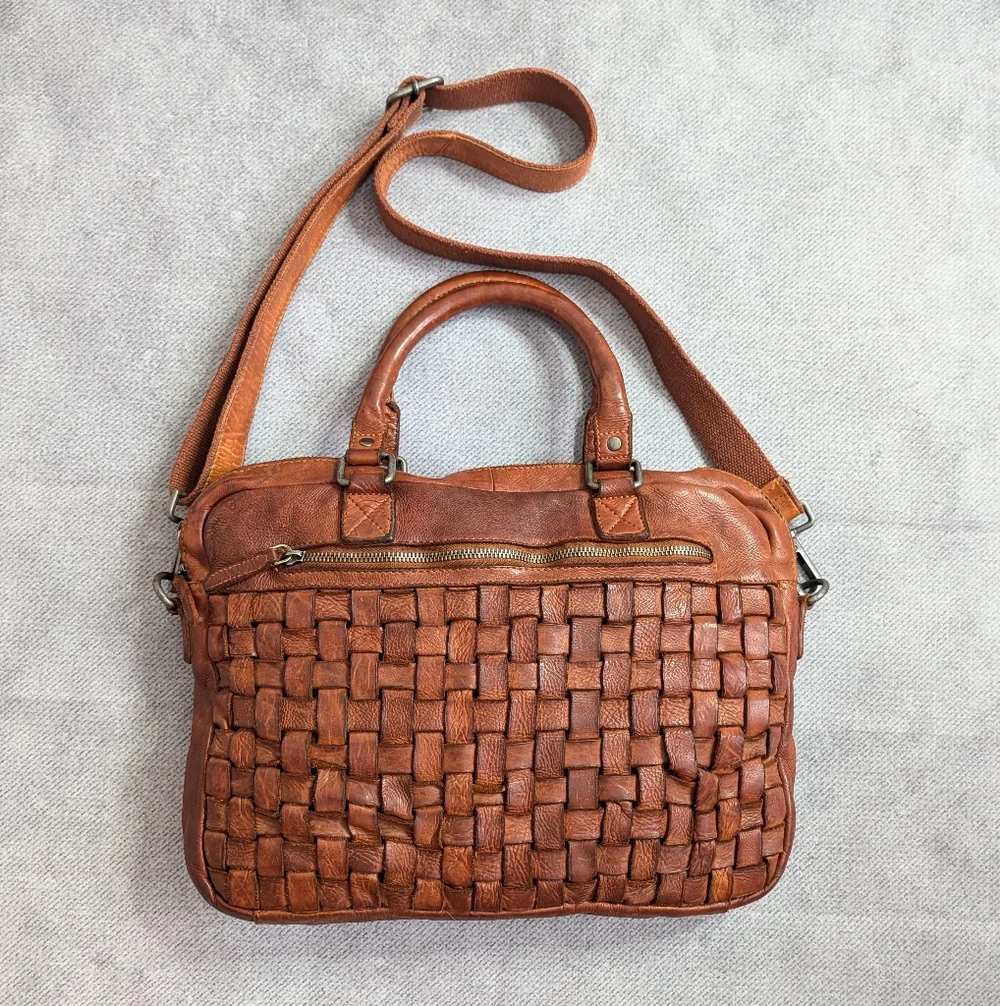Vilenca Holland Made In Italy Leather Working Woven Laptop Satchel Cognac/Brown